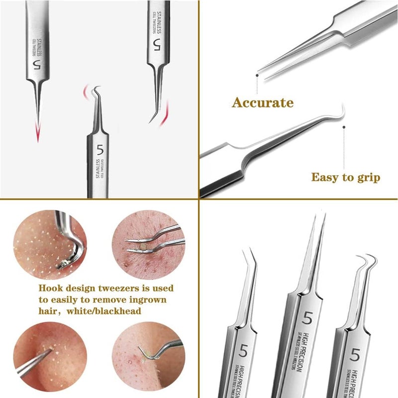 BLAAROOM Professional Facial Blackhead Remover Tweezers,3Pcs Precision Pimple Popper Tool Kit for Whitehead Ance Blemishs Comedones Stainless Steel Makeup Tool - Glossy - Image 4
